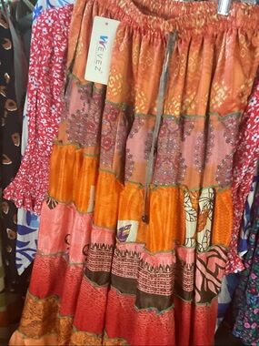 Multicolor Orange Patchwork Maxi Skirt length 38 waist 28 inches to 54 80% silk